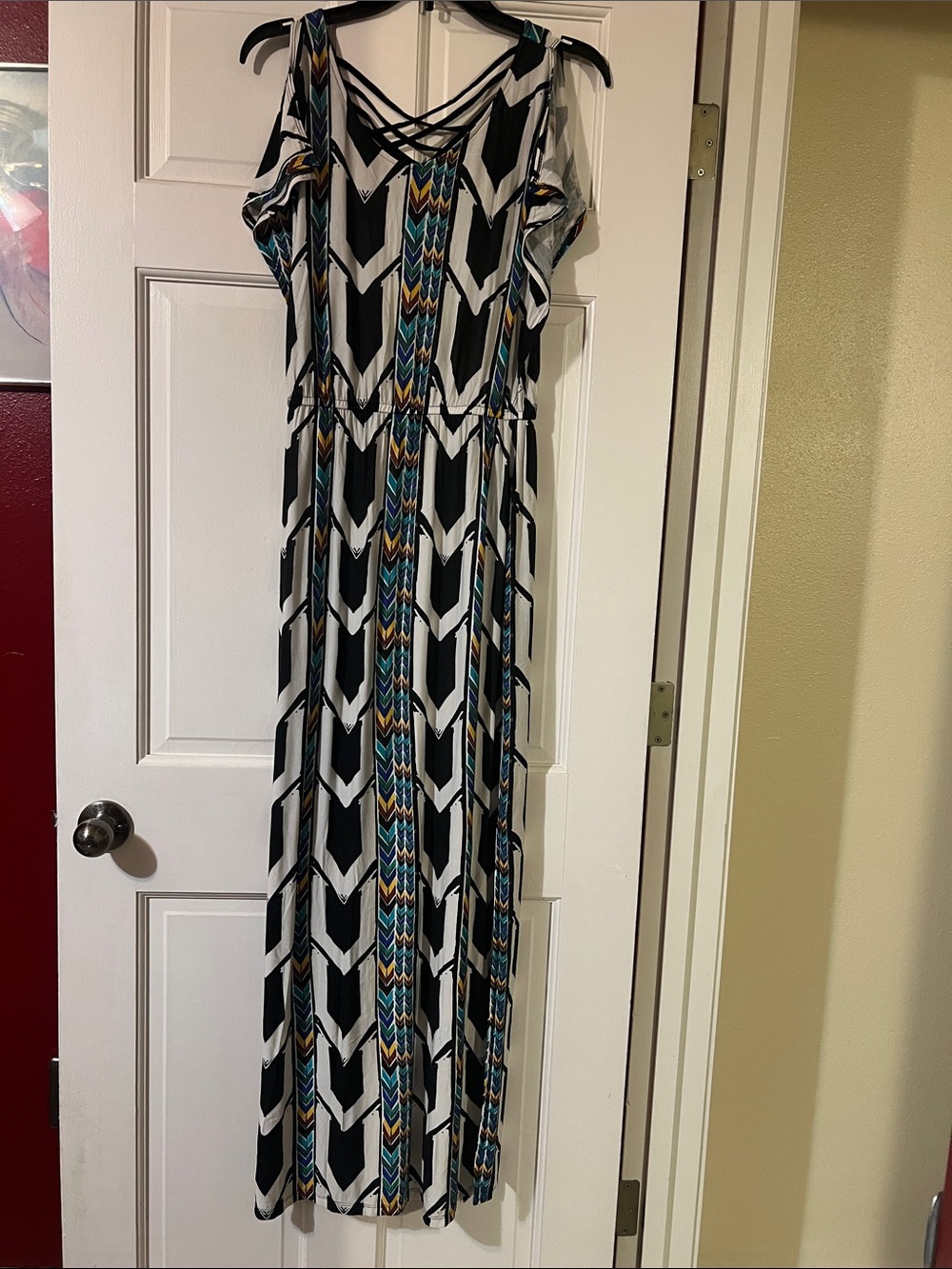 Apt. 9 Black White Chevron Maxi Dress with Teal & Gold Accents